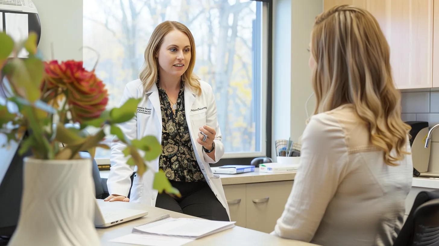 Practitioner discussing lip filler treatment options with a client in a welcoming clinic setting