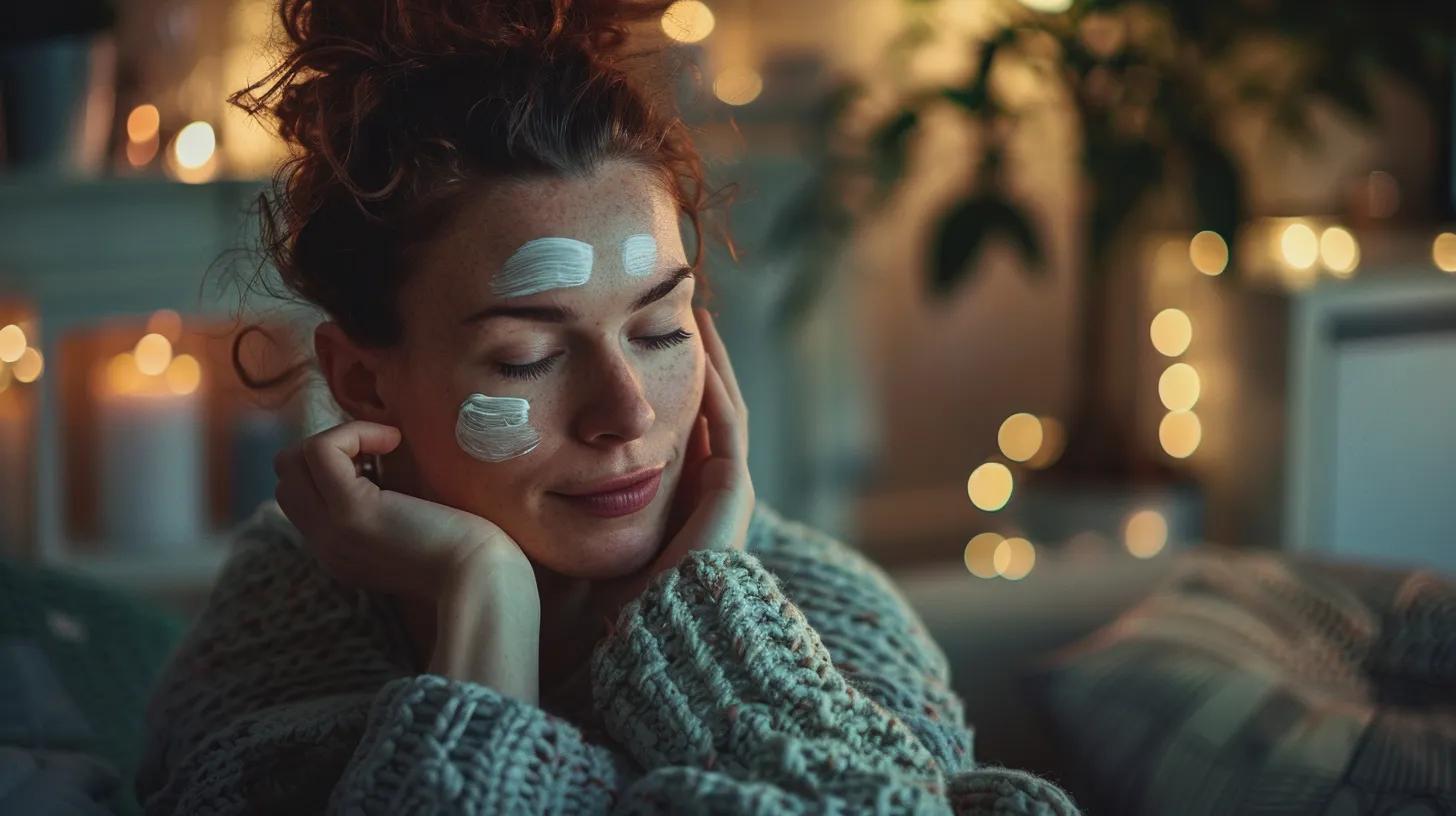 Client relaxing at home post-Morpheus8 treatment with soothing skincare products