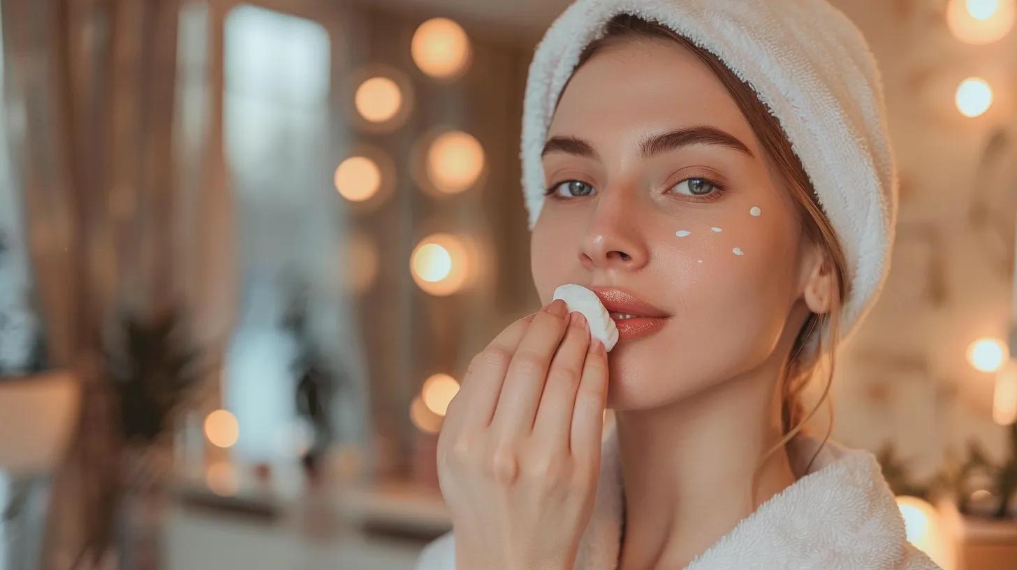 Woman applying a cold compress to her lips post-lip filler treatment in a serene setting