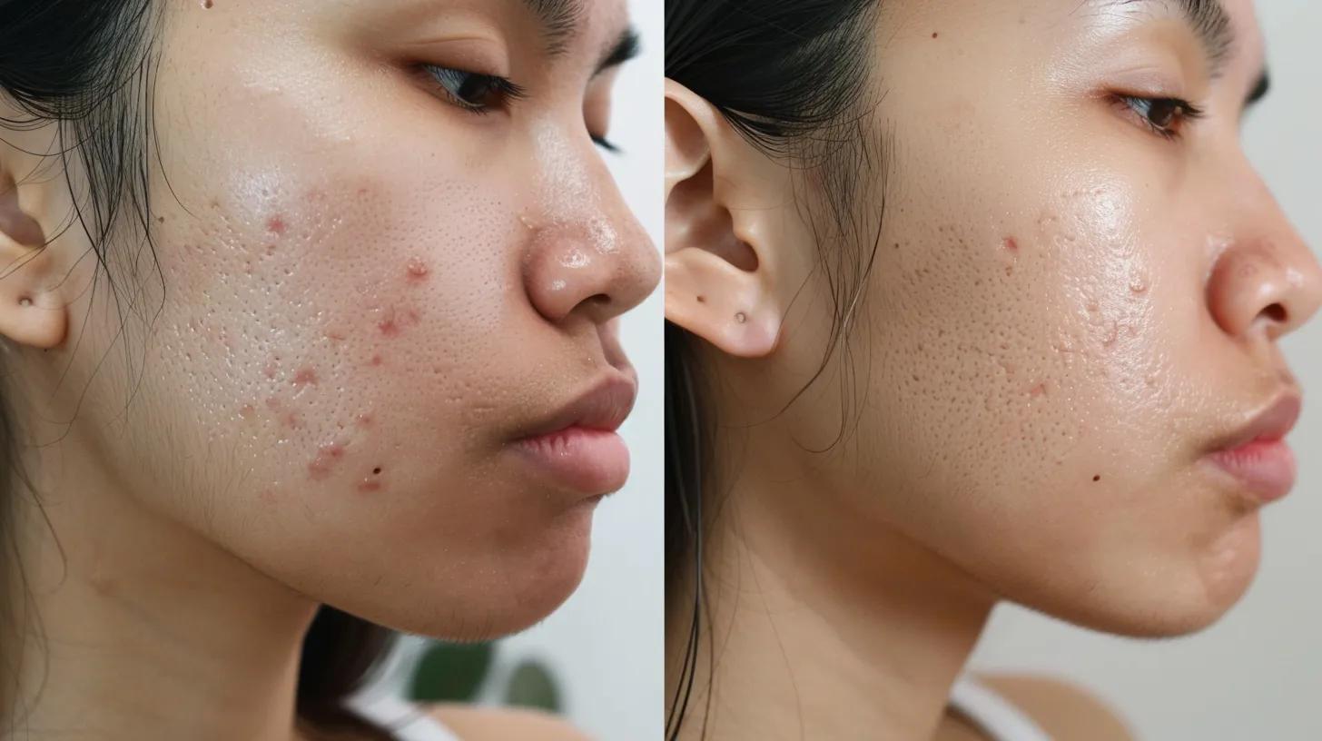 Before and after comparison of acne scar improvement using Morpheus8 treatment