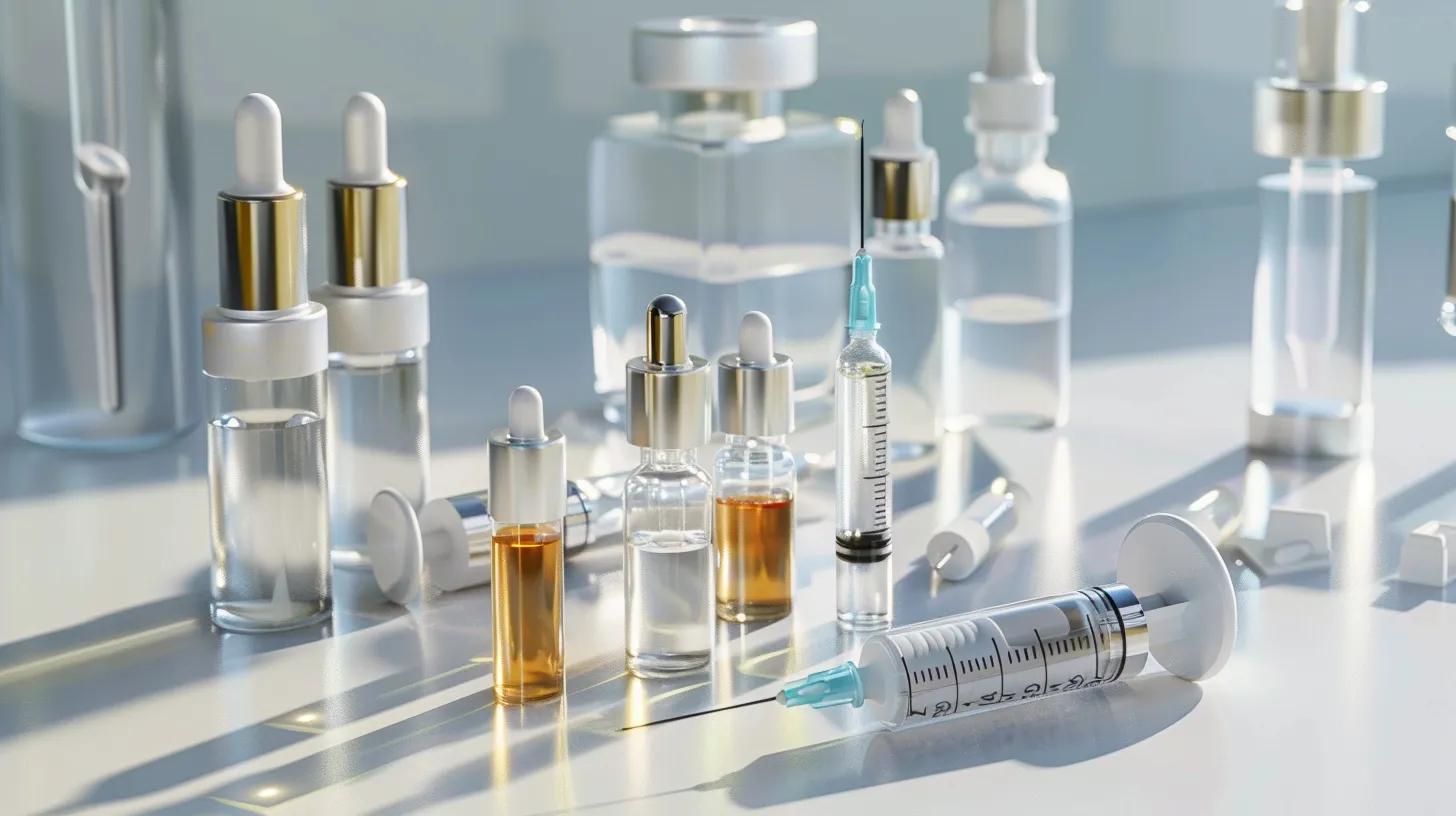 Various dermal filler syringes and vials showcasing types like hyaluronic acid and collagen-stimulating fillers
