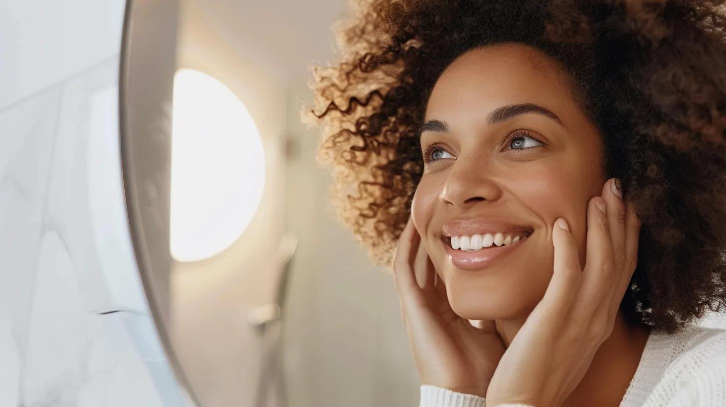 A happy woman admiring her reflection after receiving dermal fillers, showcasing the benefits of aesthetic enhancement