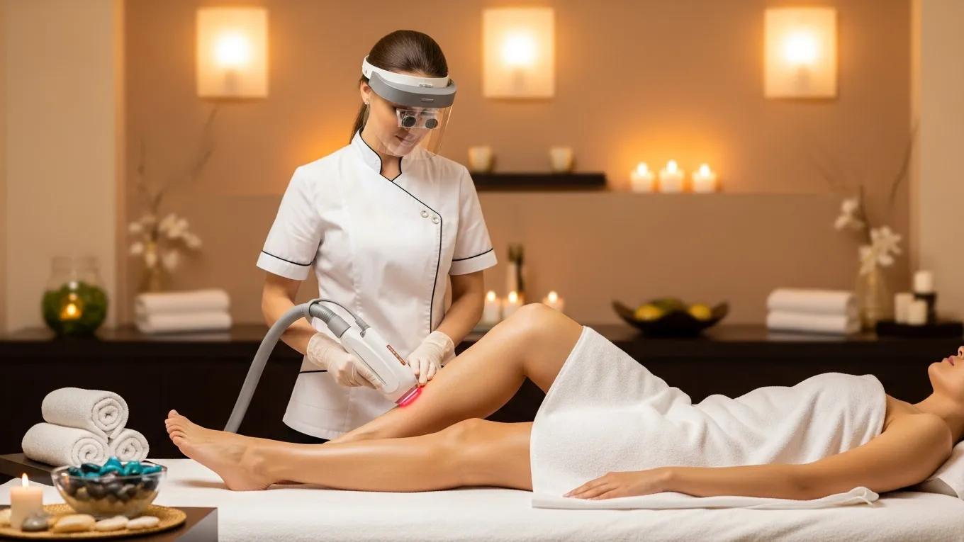 Laser hair removal treatment in a spa setting with a professional aesthetician and client