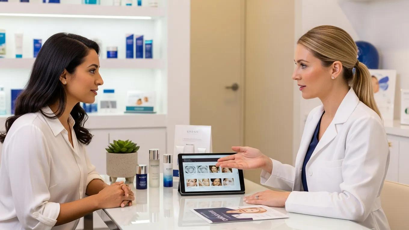 Clients consulting with a skincare professional about treatment options in a clinic