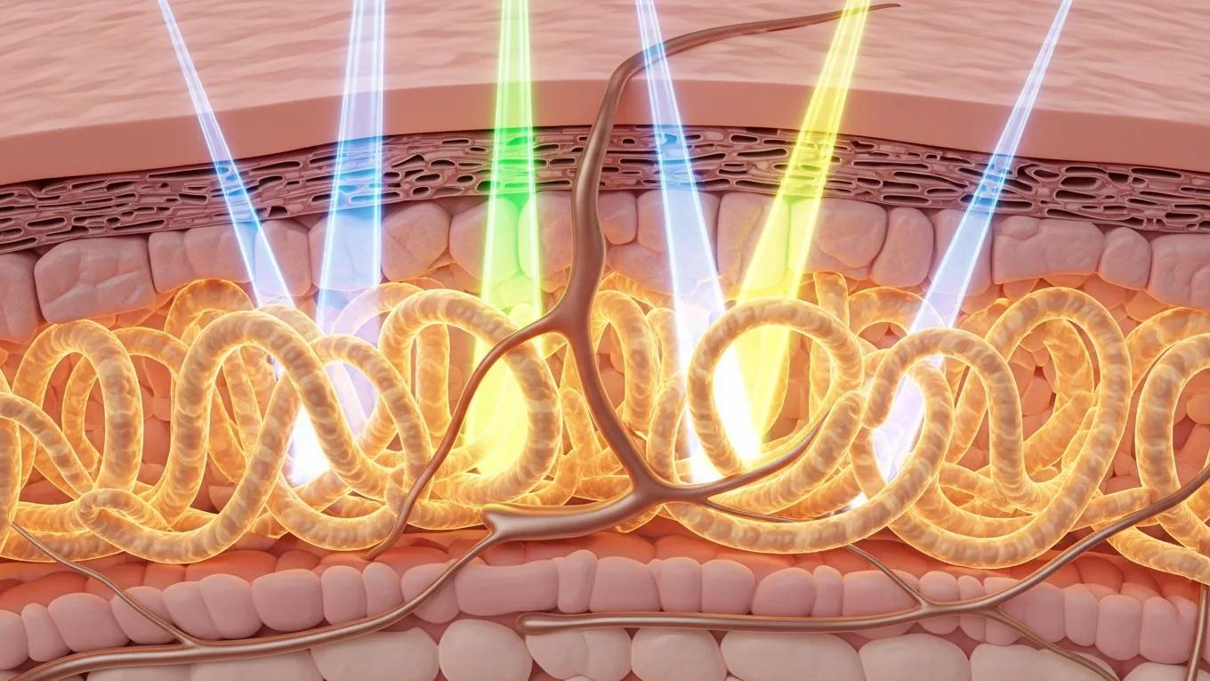 Illustration of collagen stimulation in skin layers during IPL treatment