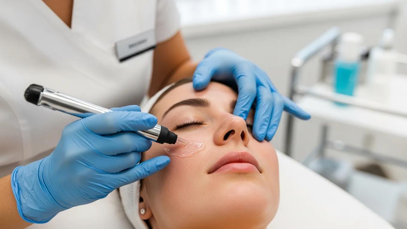 Skincare professional performing microneedling treatment on a client