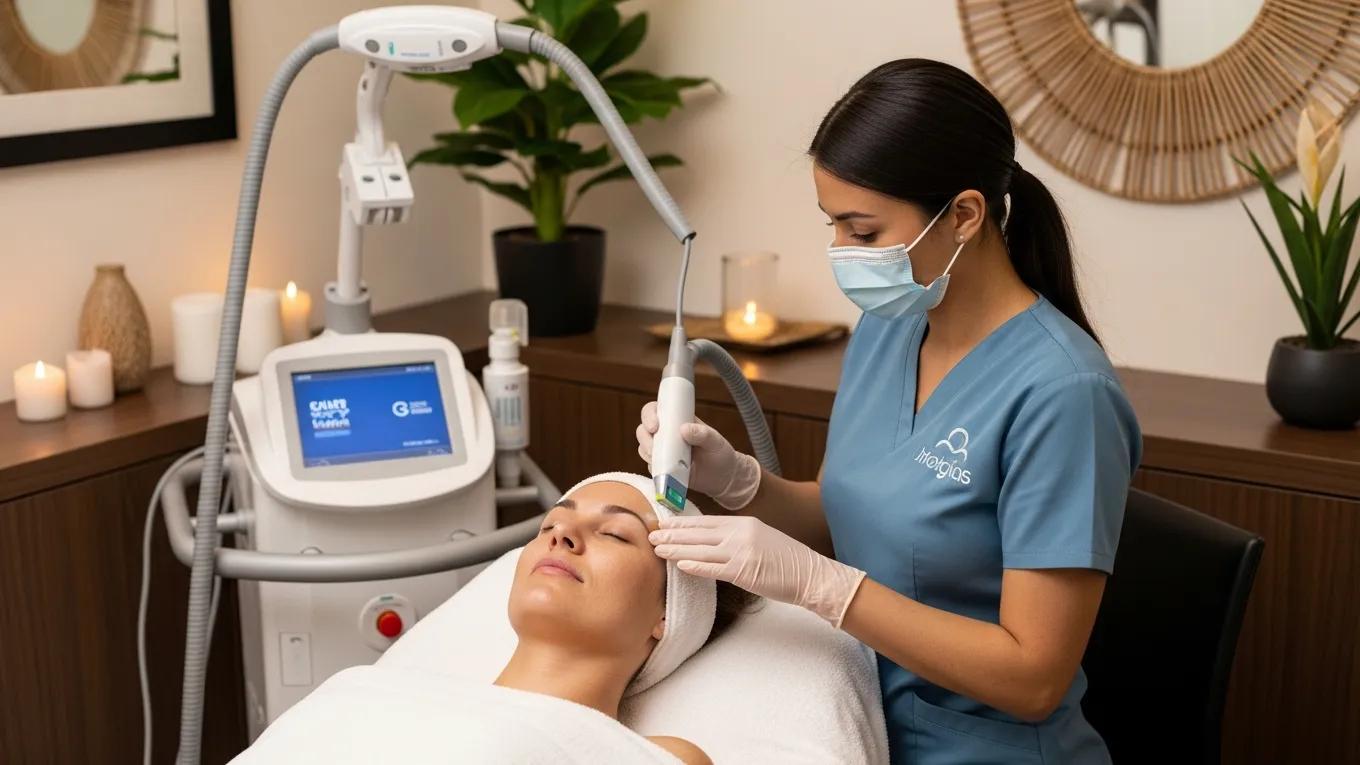 Woman receiving IPL skin rejuvenation treatment in a calming spa environment