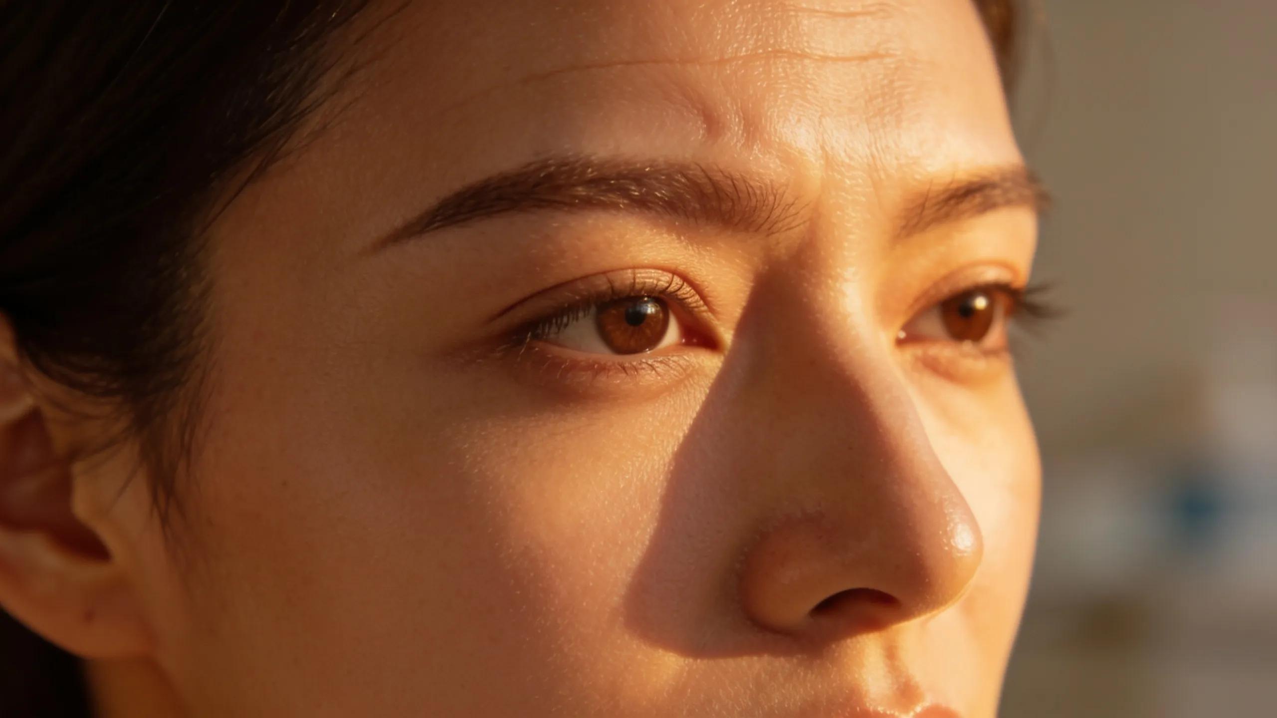 Close-up of a model's face showing Botox effects on wrinkles around the forehead and eyes