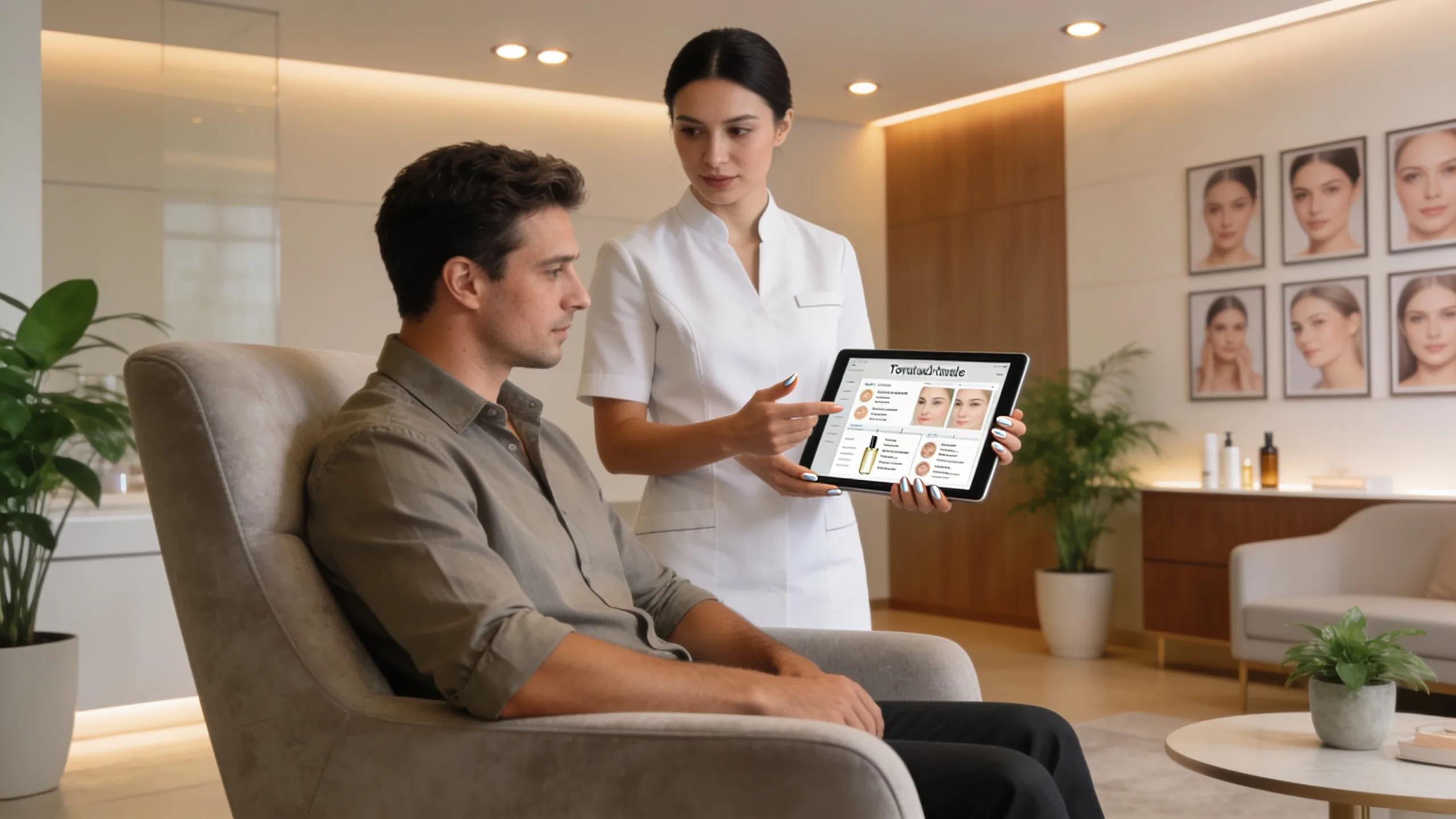 Man consulting with aesthetician about customized treatment plans in a luxury med spa
