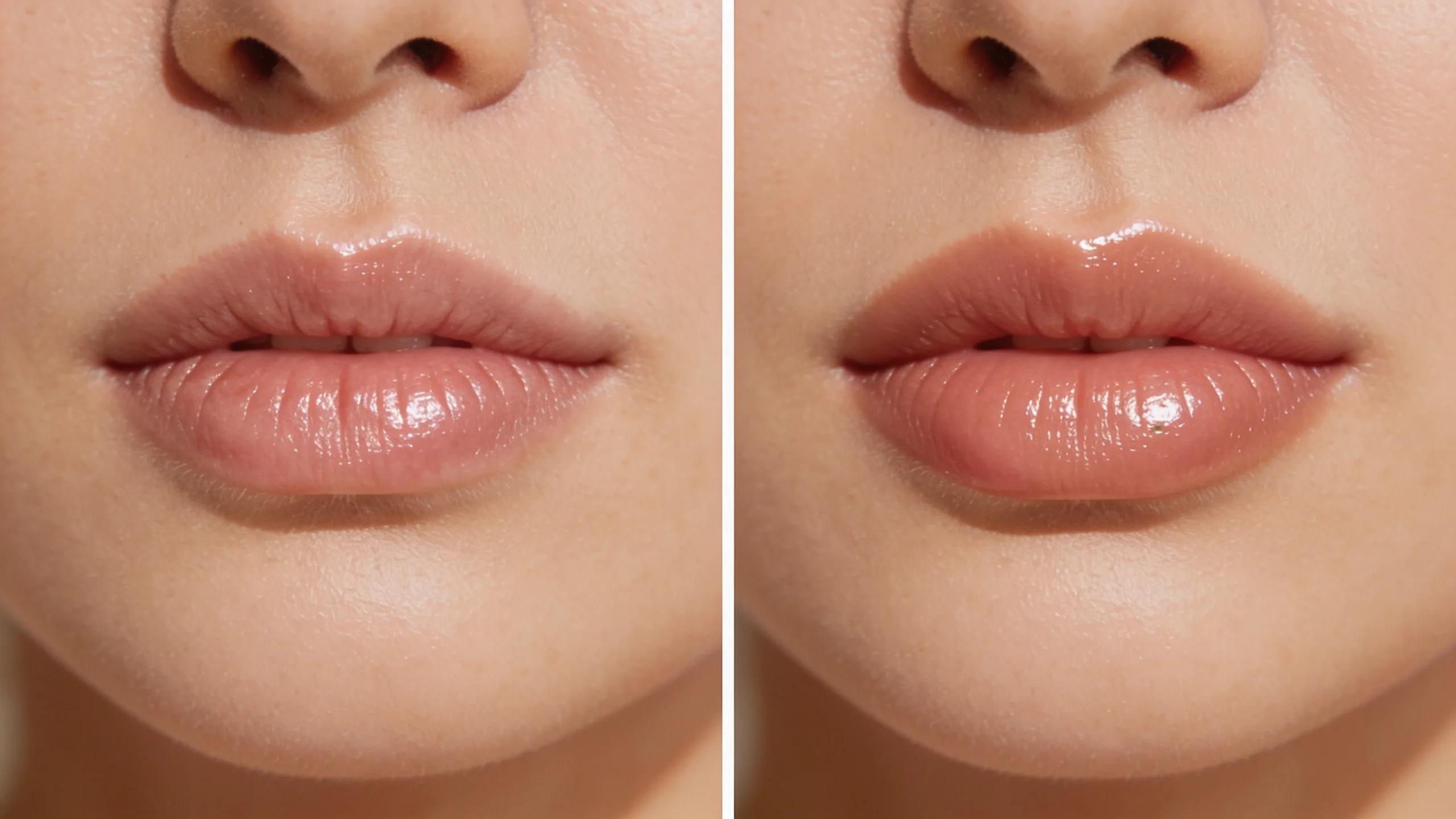 Before and after lip filler treatment showcasing natural plumpness and enhancement
