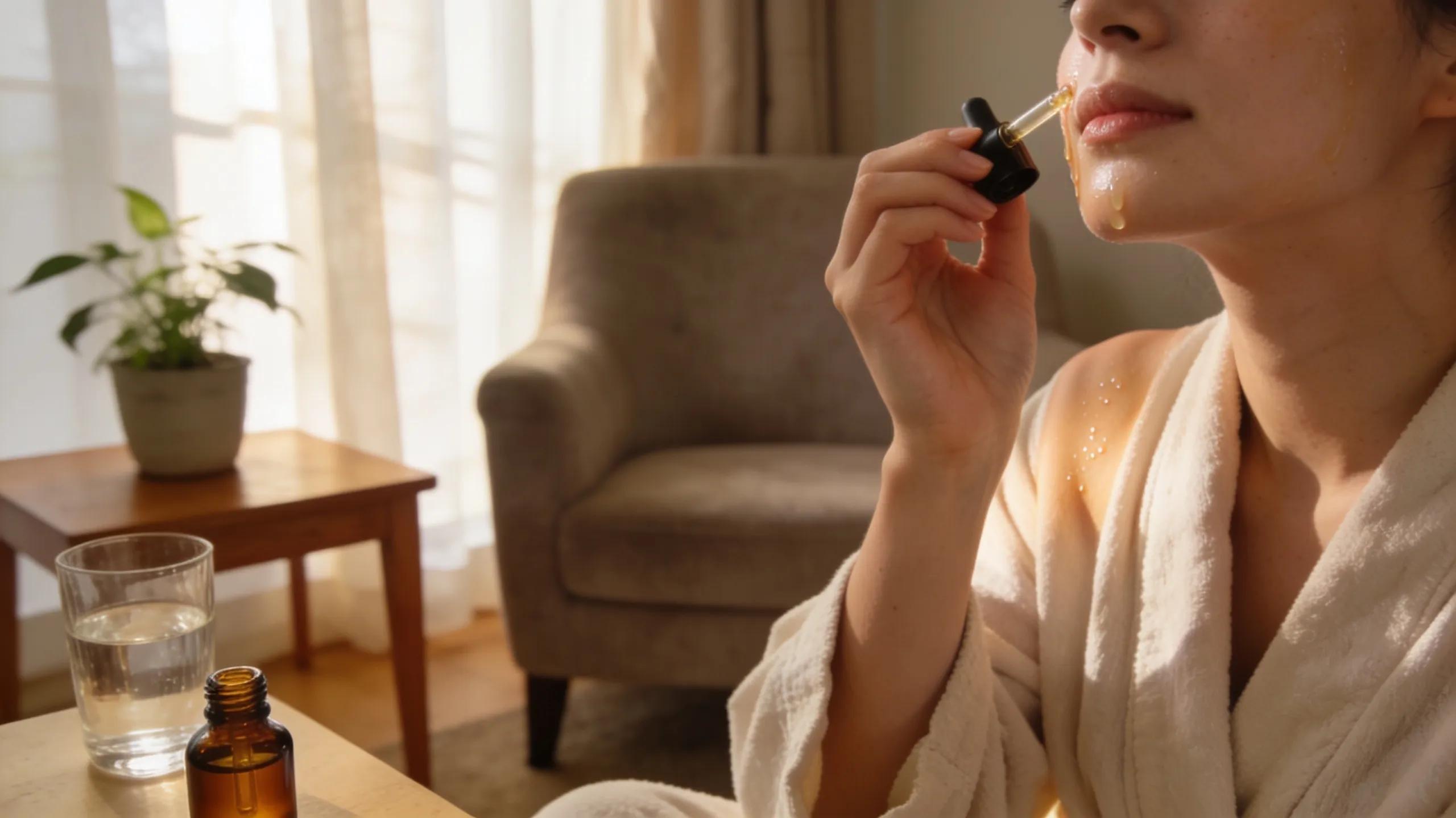 Client applying hydrating serum to their face in a relaxing post-treatment setting for RF microneedling