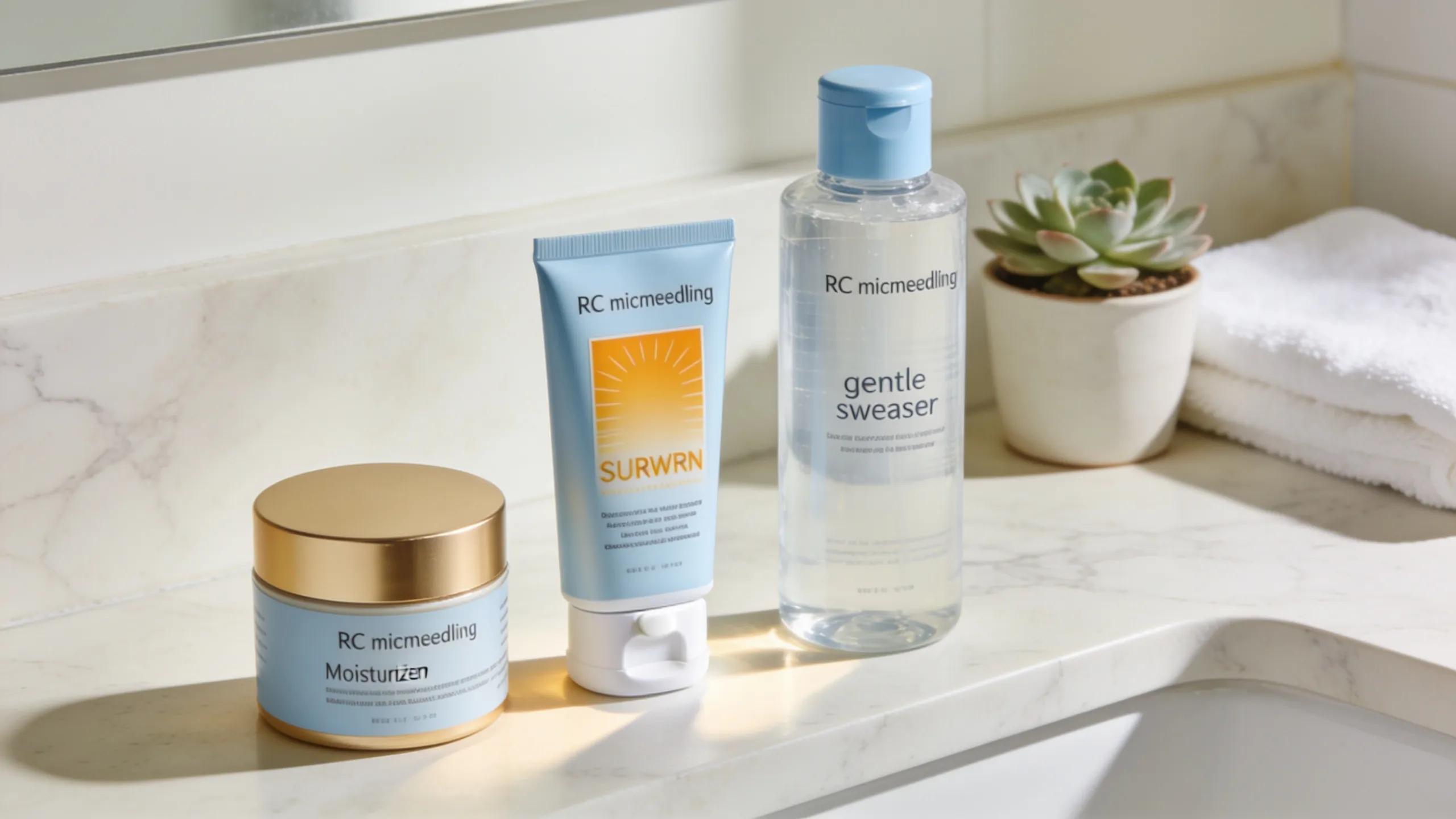 Skincare products including moisturizers and sunscreen arranged on a bathroom counter for RF microneedling preparation