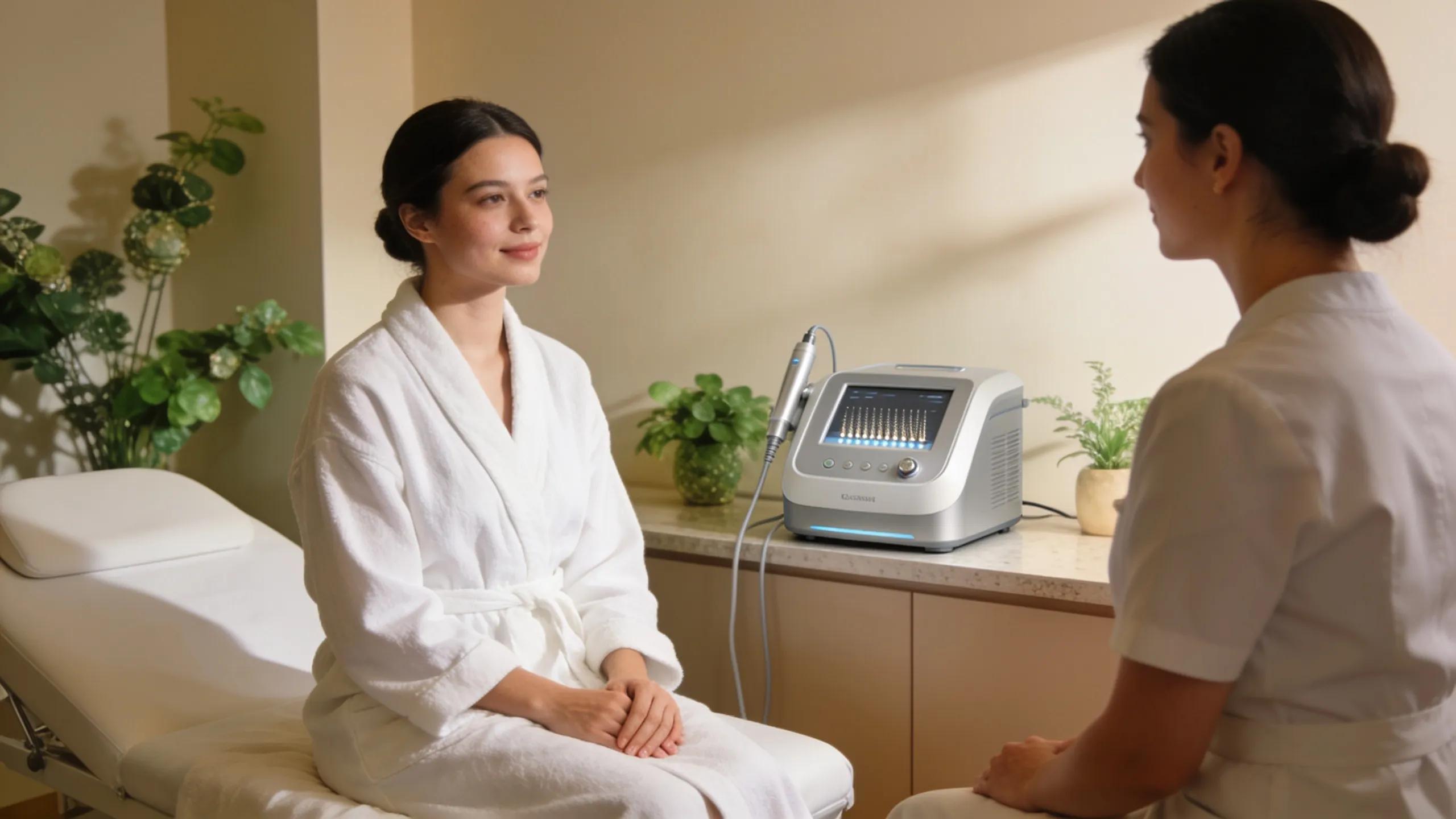 RF microneedling device in a tranquil spa setting with a client preparing for treatment