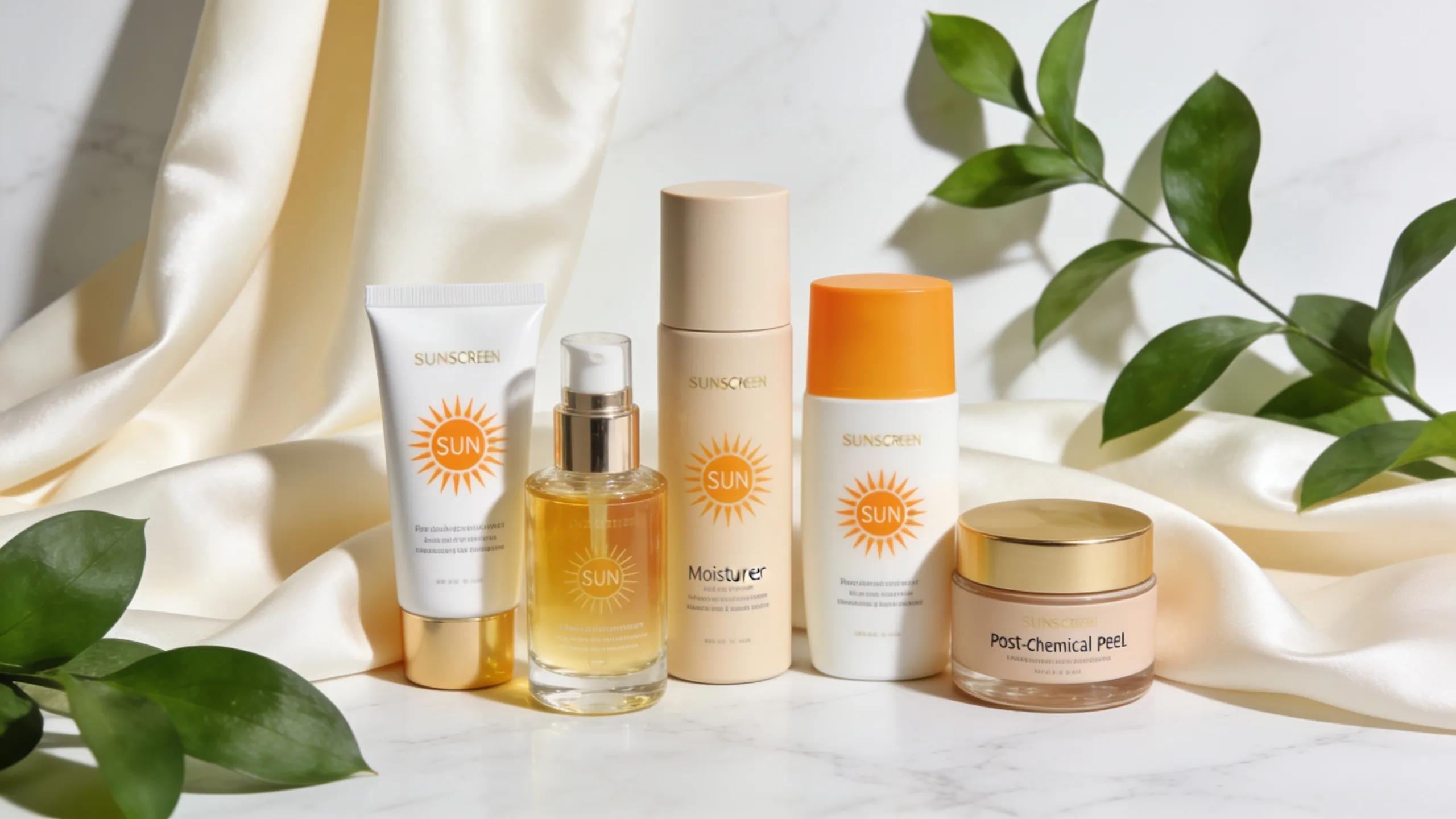 Luxury skincare products including sunscreen and moisturizers for post-chemical peel care