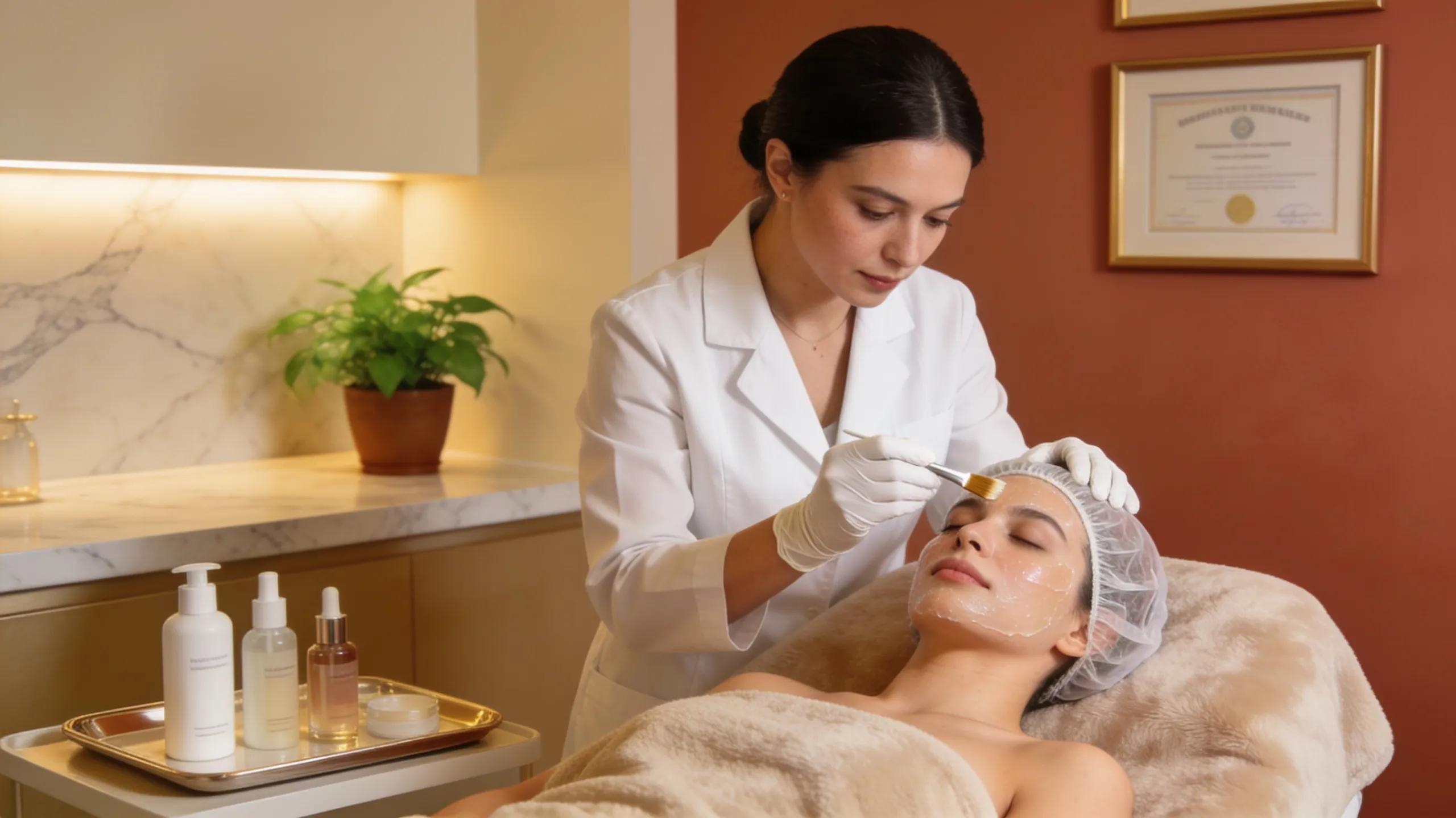 Expert aesthetician applying a chemical peel in a tranquil medical spa setting