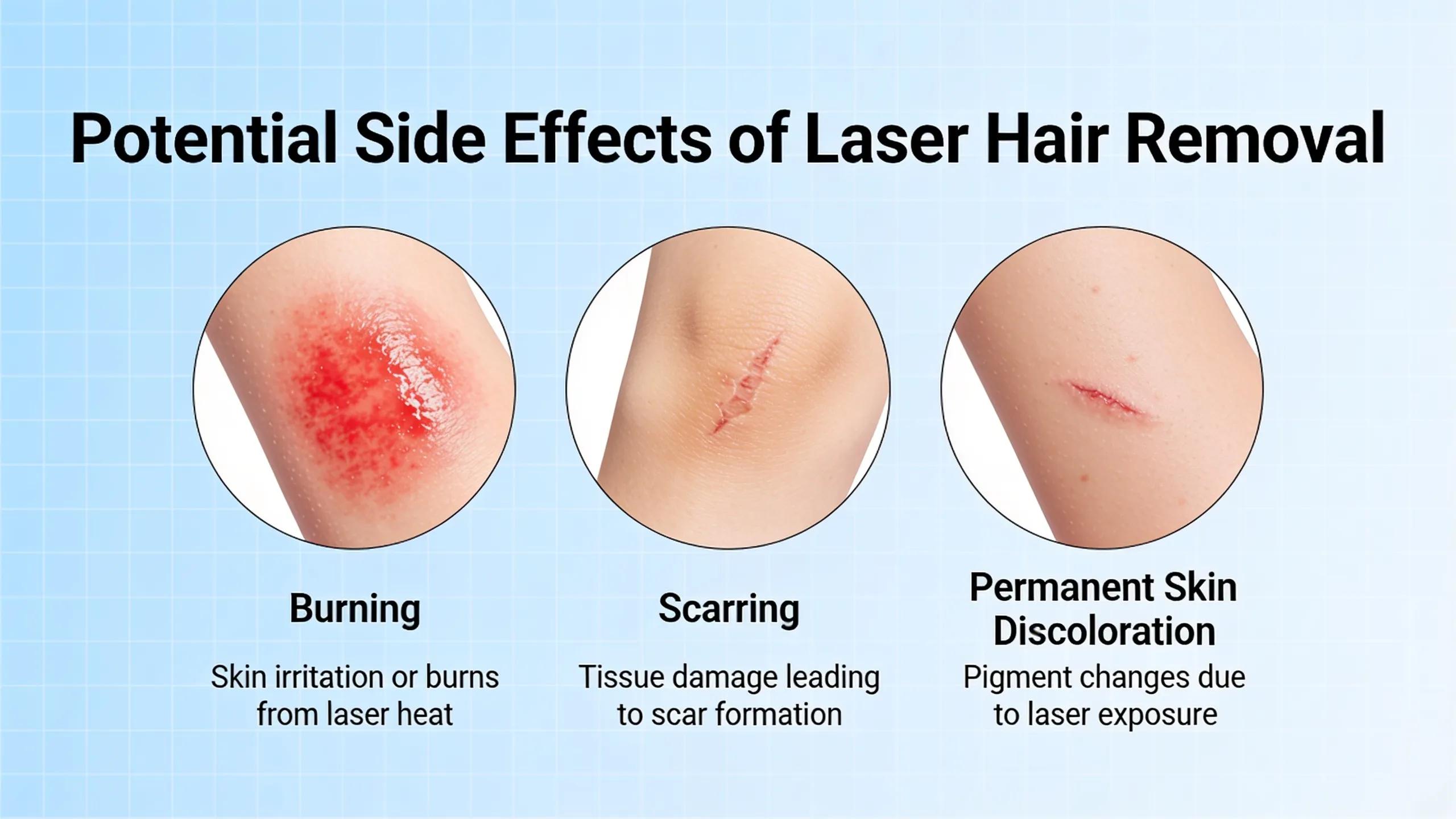 Potential side effects of laser hair removal include burning, scarring, and permanent skin discoloration.; New