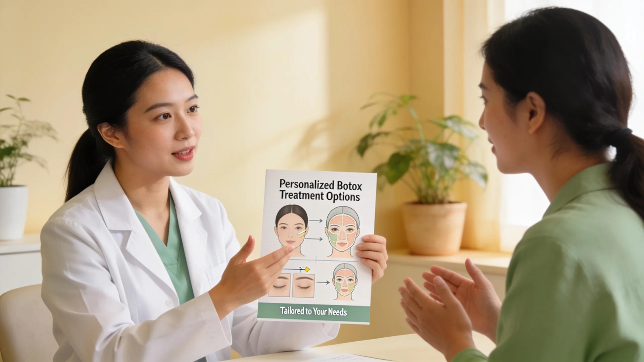 Aesthetic practitioner providing personalized consultation to a Botox client, discussing treatment options.