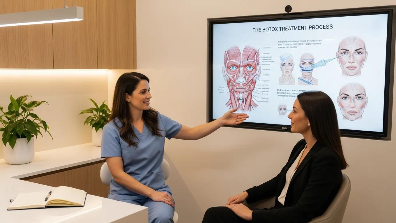 Practitioner consulting with a patient about Botox treatment in a modern clinic, highlighting personalized care