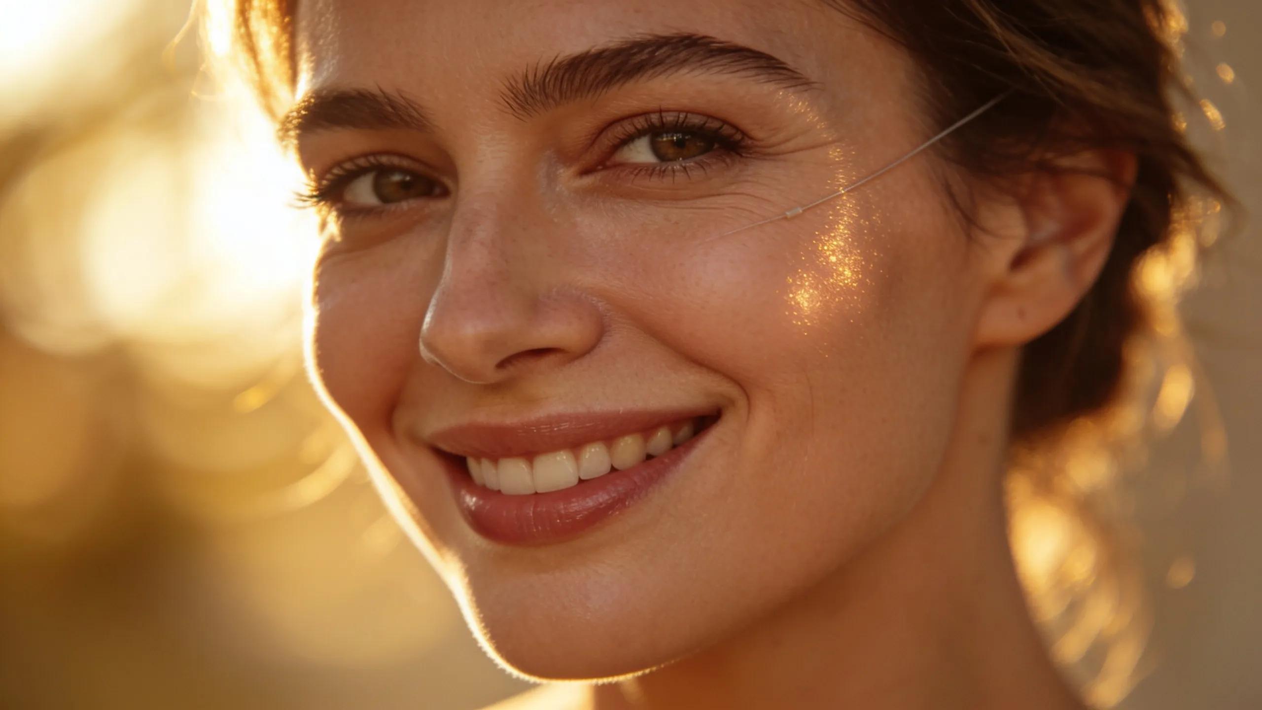 Close-up of a smiling woman illustrating the benefits of PDO thread lifts with visibly firmer skin