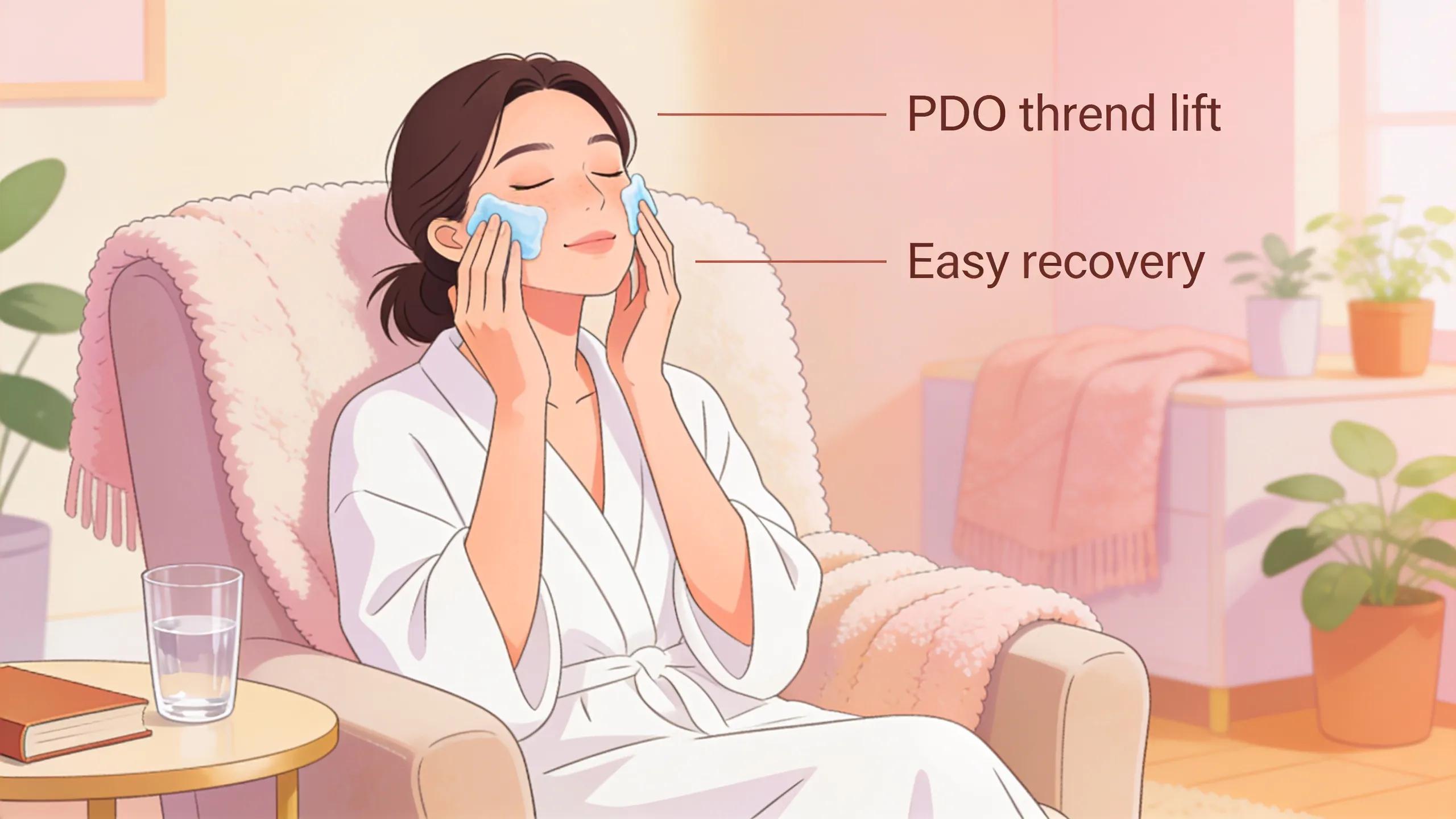 Woman applying cold compress at home post-PDO thread lift, emphasizing recovery and self-care