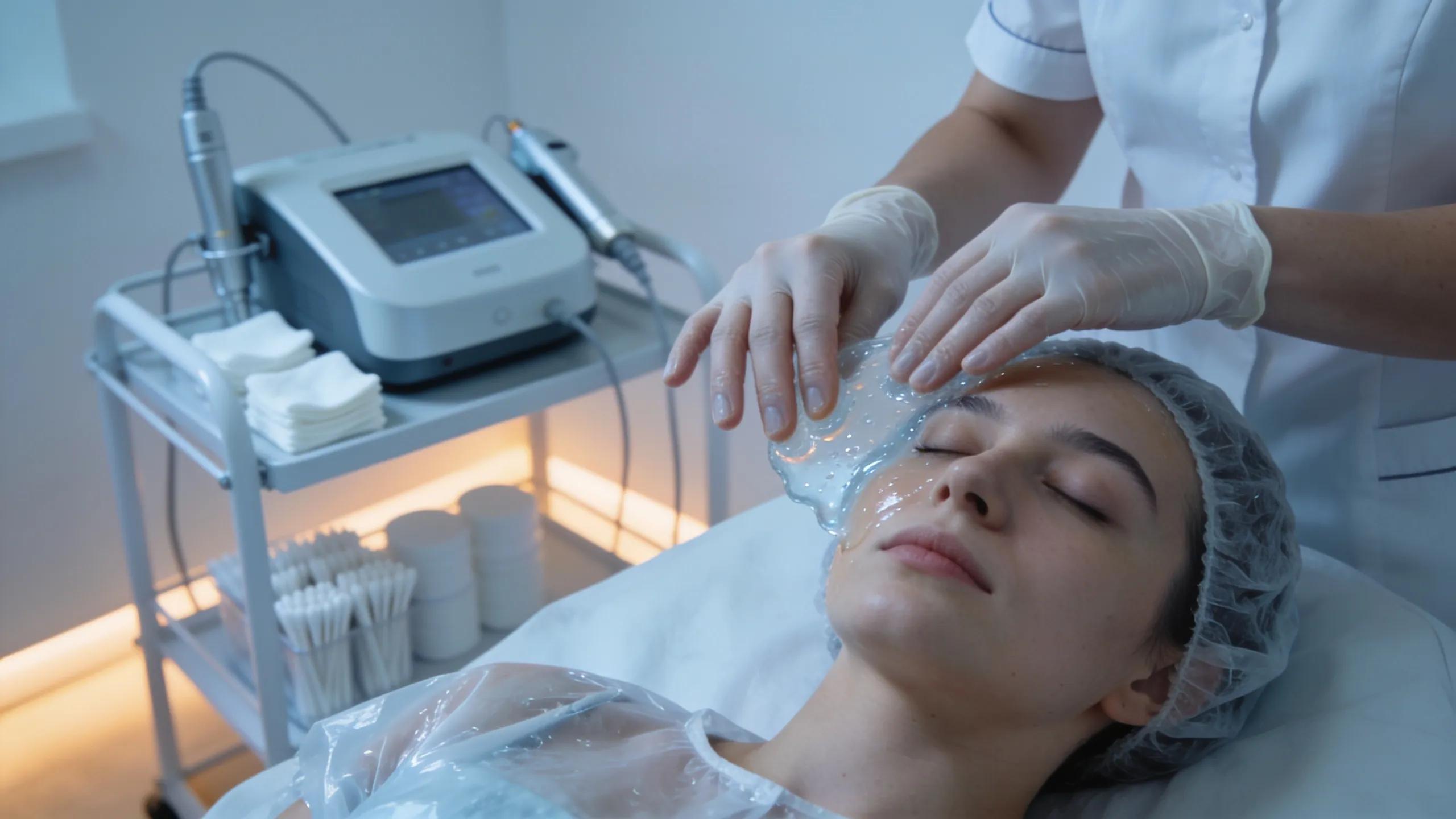 Technician applying cooling gel during laser hair removal treatment process for optimal client comfort