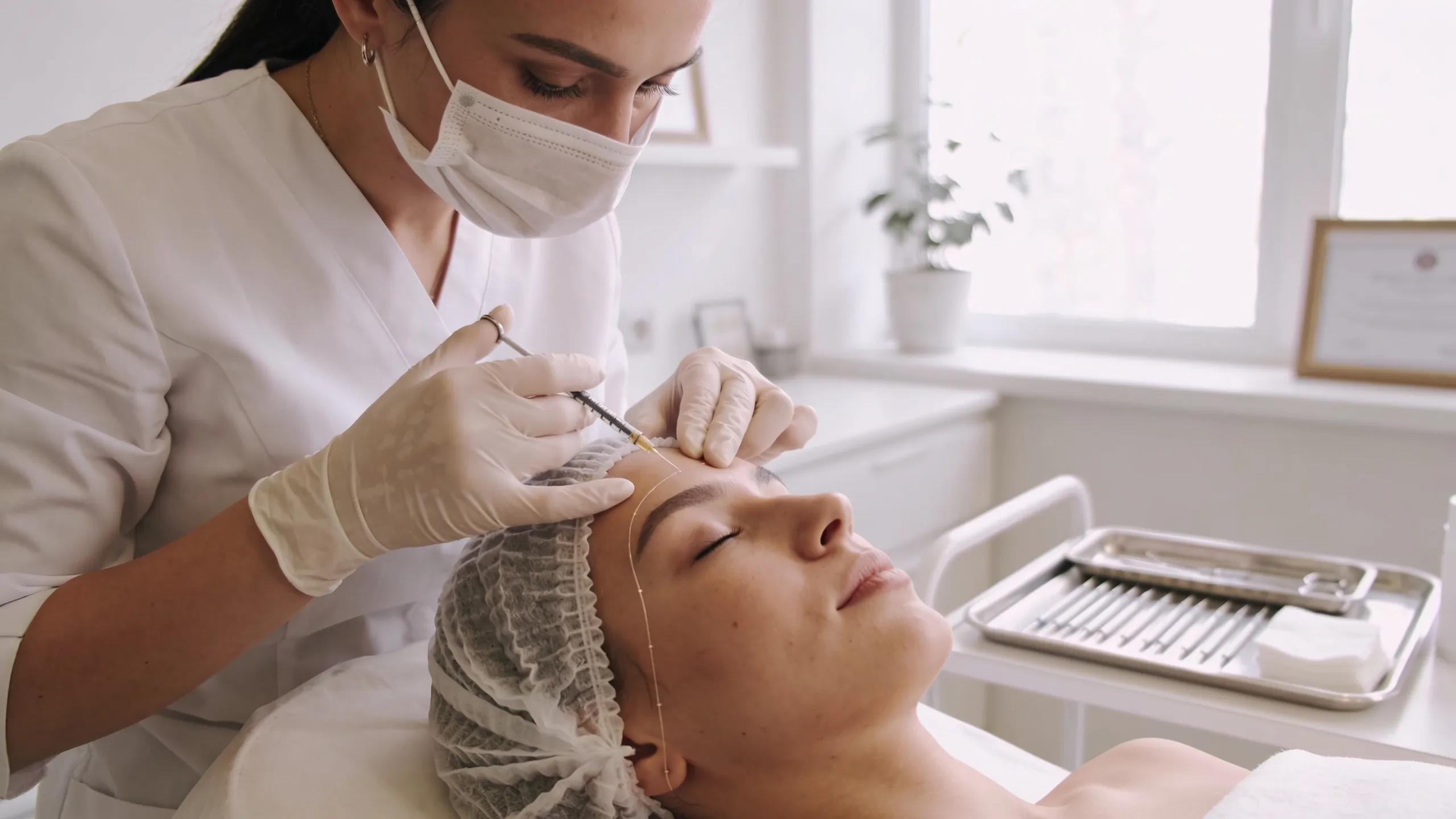 PDO thread lift procedure illustrating a skincare professional and a relaxed client in a bright medical setting