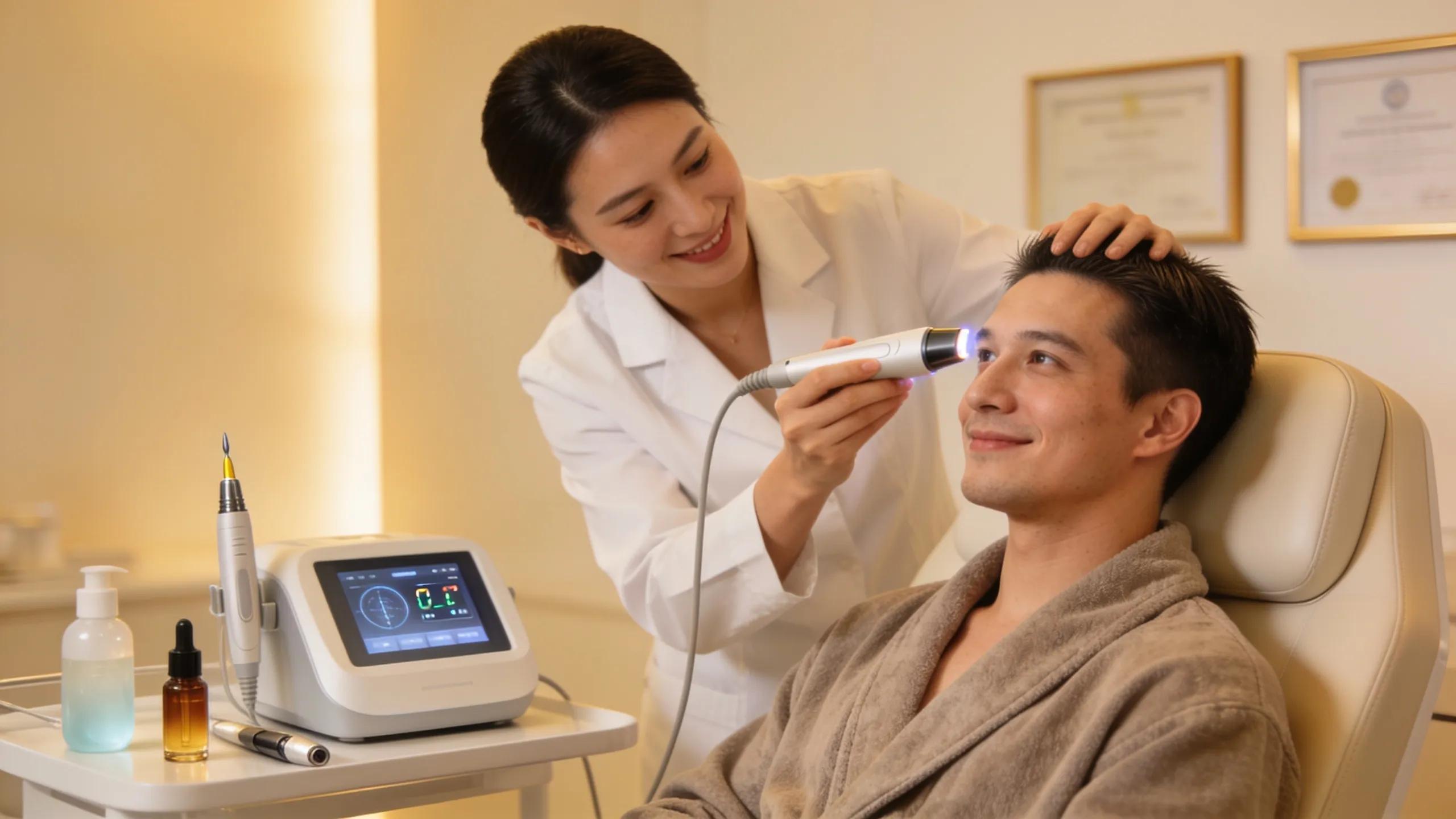 Patient receiving non-invasive hair restoration treatment in a warm and inviting clinical atmosphere