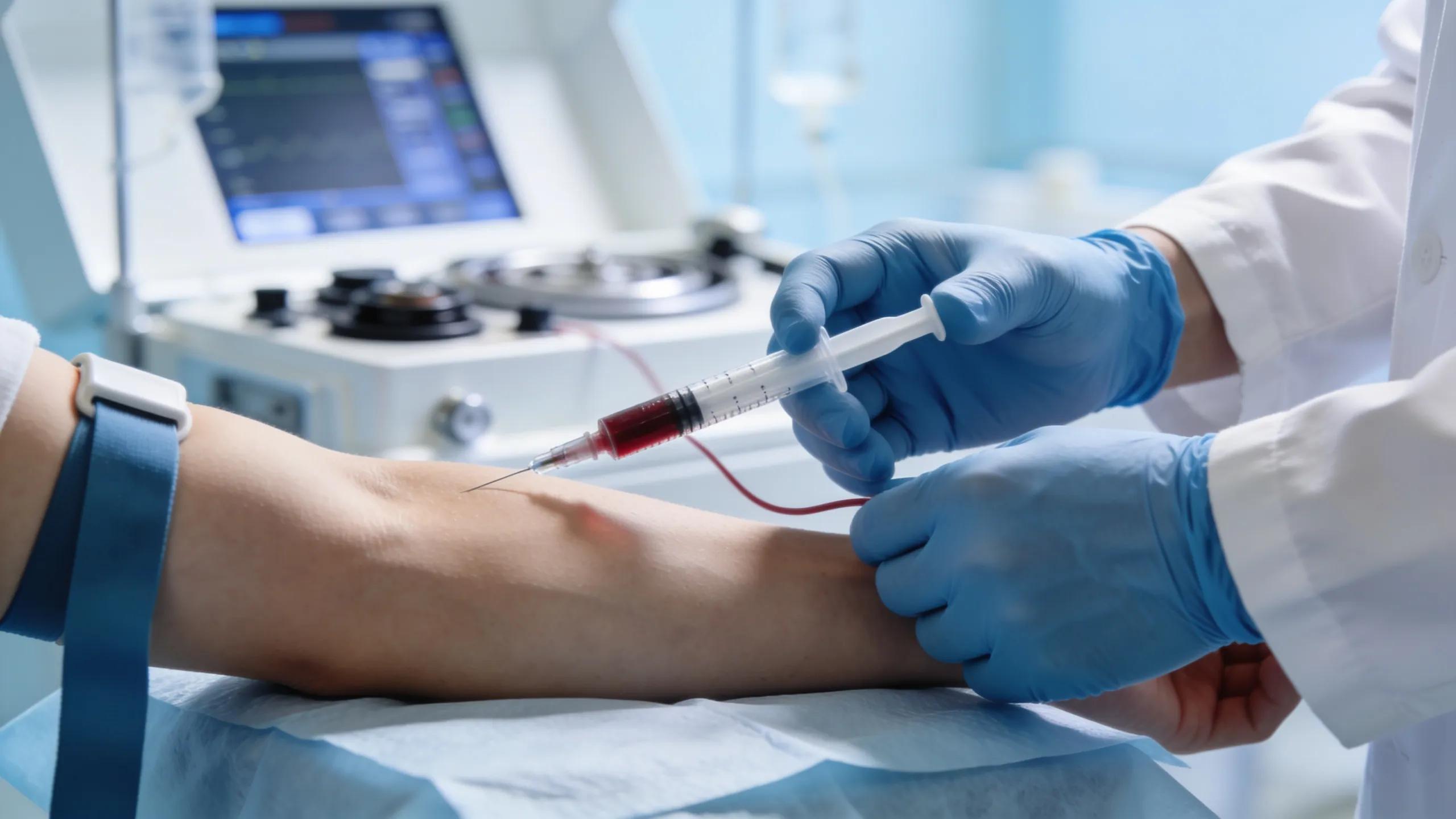 Healthcare professional demonstrating PRFM therapy blood extraction process in a clinical environment