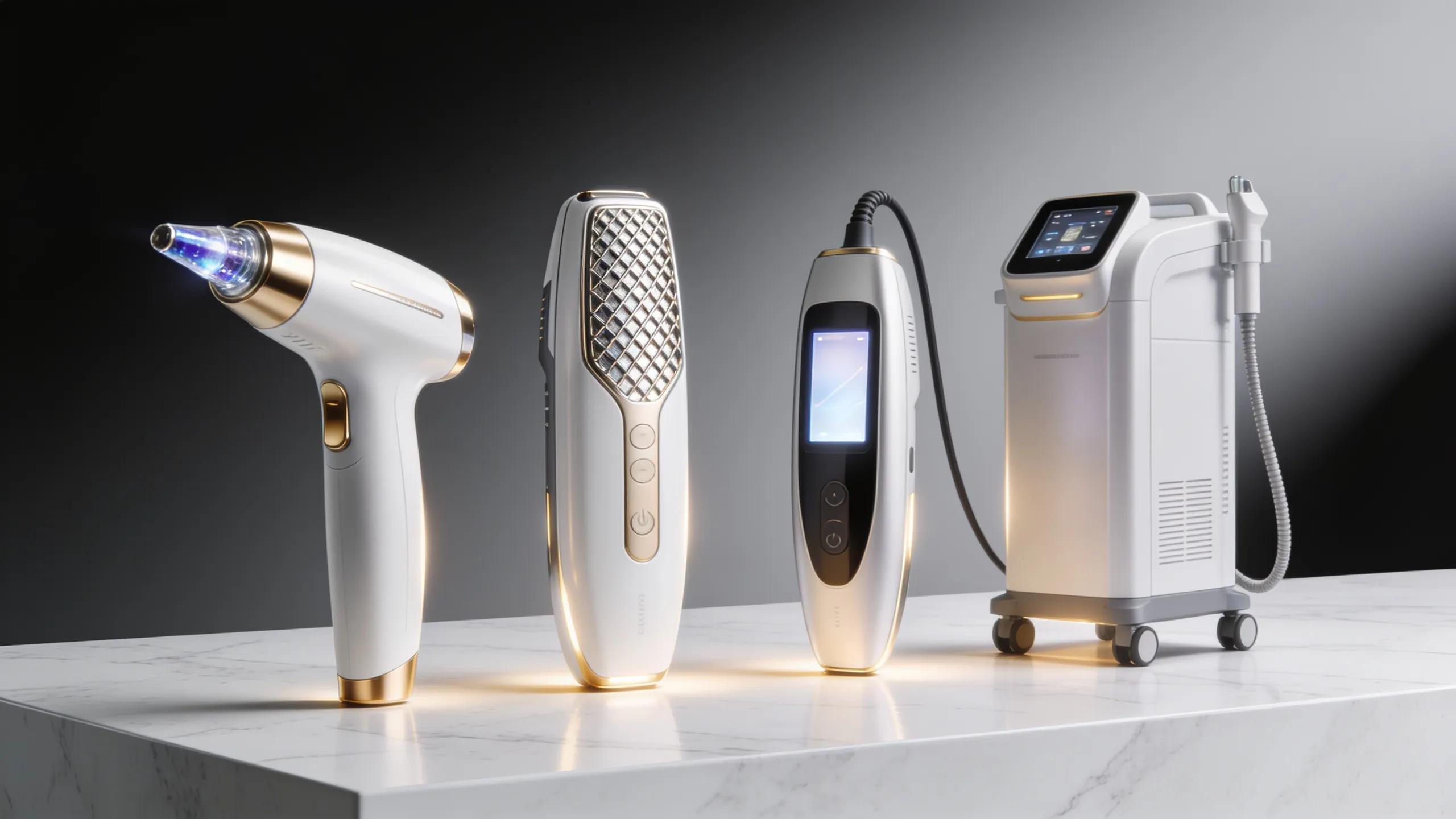 Variety of laser devices used in hair removal procedures, highlighting advanced technology and versatility